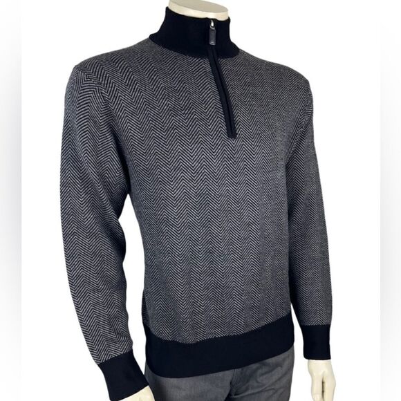 Cremieux Classics Zip Front Pullover in Gray/Black Chevron 100% Merino Wool Sz L - Picture 1 of 13